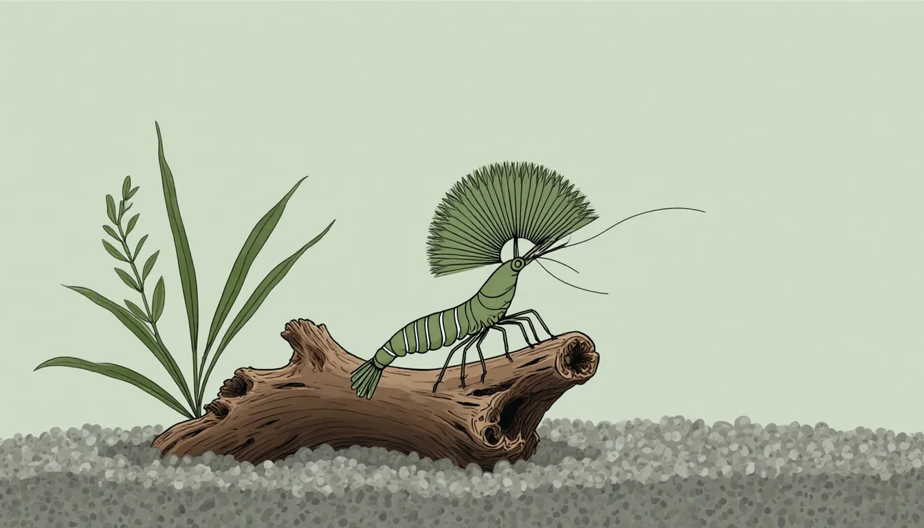 A bamboo shrimp grips driftwood while its fan-shaped feeding appendages open into the aquarium current
