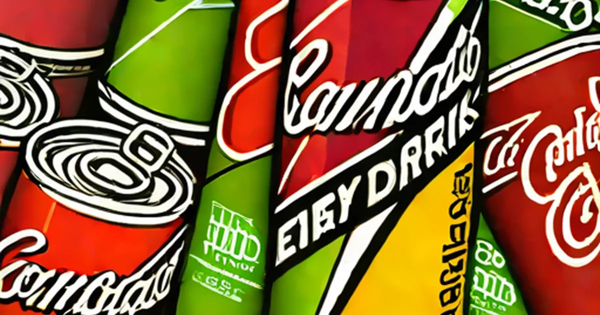 Multiple colorful energy drink and cola cans clustered together