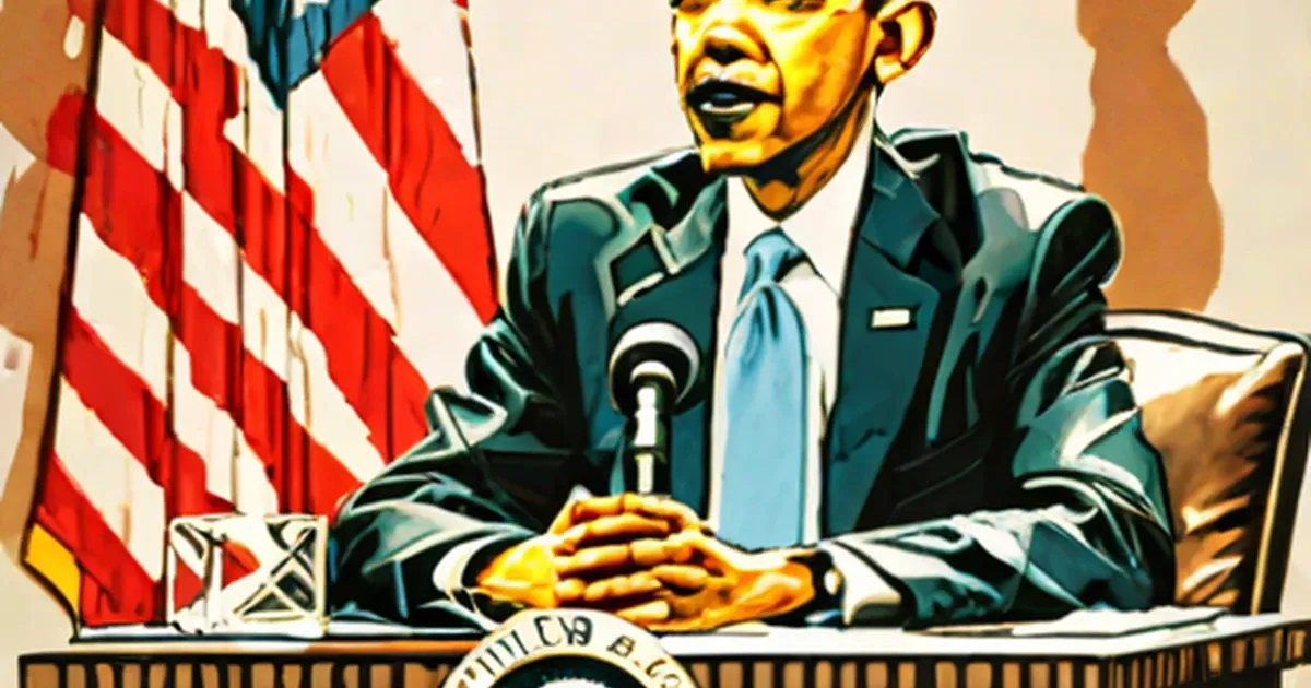 Barack Obama at a presidential podium with an American flag