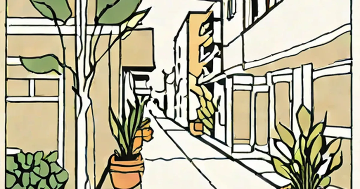 Narrow European alley with potted flowers and plants between beige buildings