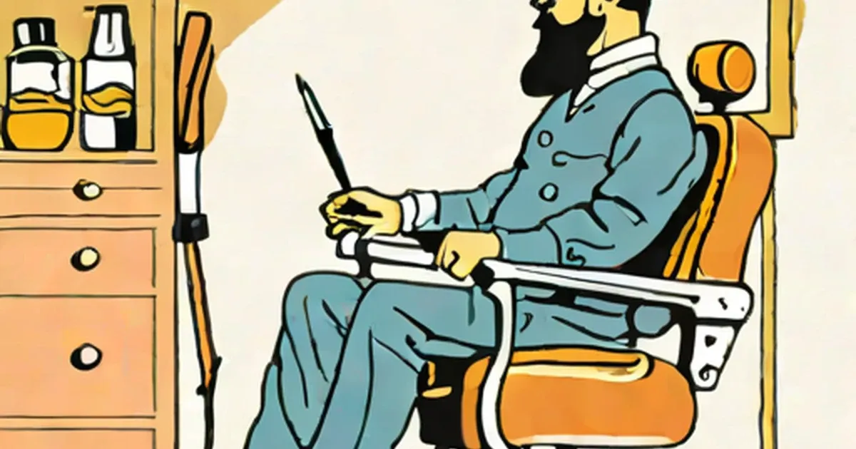 Man in blue suit seated in barber chair holding a straight razor