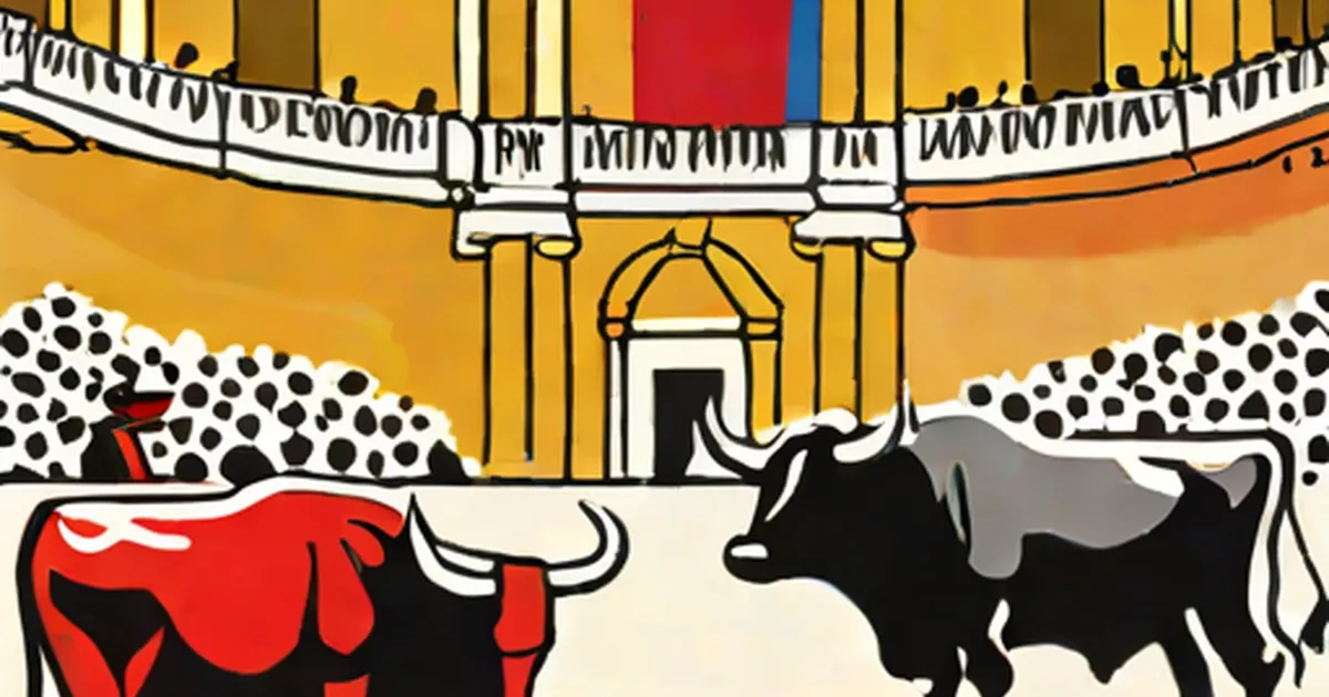 Bullfighting arena with bulls and spectators illustrated