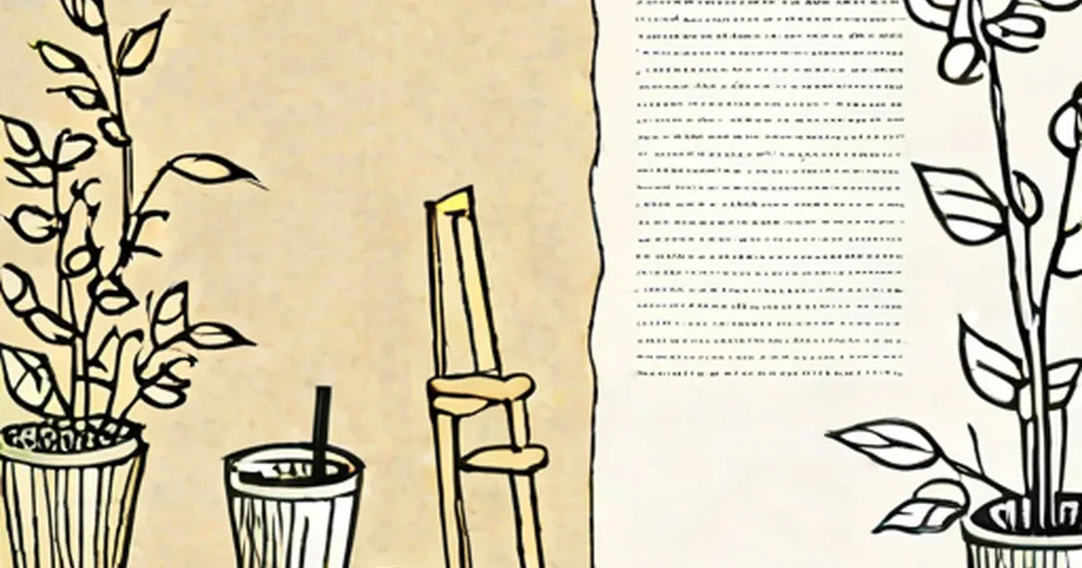 Potted plants and a bamboo stem beside a page of typed text