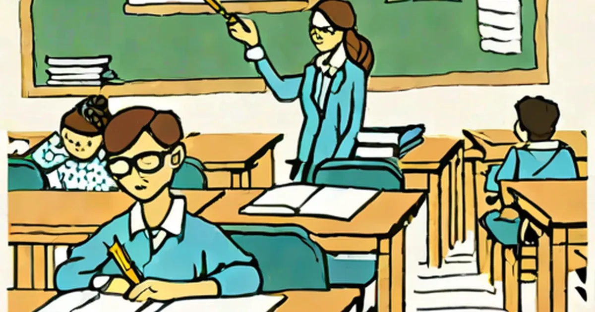 Teacher at chalkboard pointing to lesson with students seated at desks
