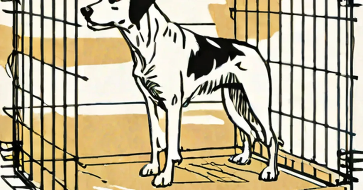 Black and white dog standing inside an open wire crate