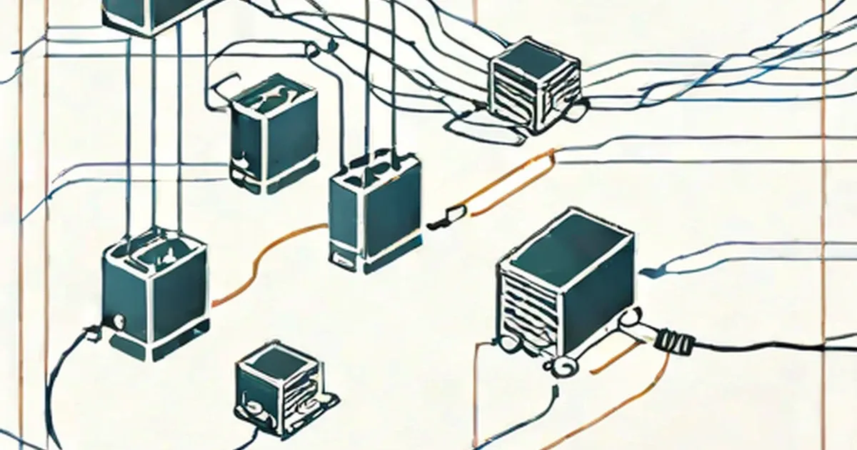 Networked computers and servers connected by blue and orange Ethernet cables