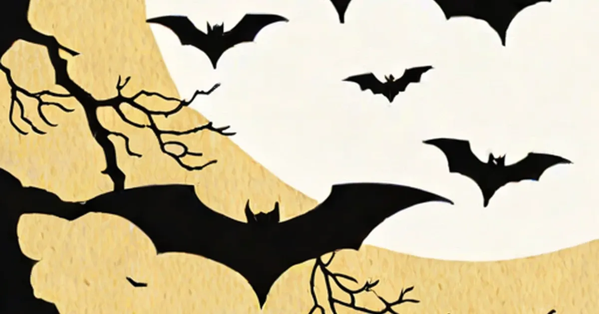 Black silhouettes of bats flying against a yellow moon with bare branches below