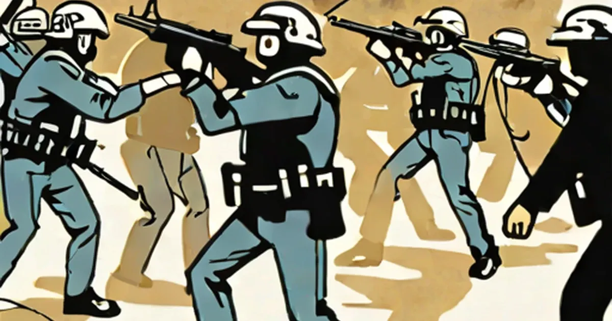 Riot police in protective gear wielding batons during crowd control