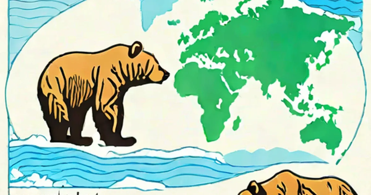Illustrated polar bear on Arctic ice with world map