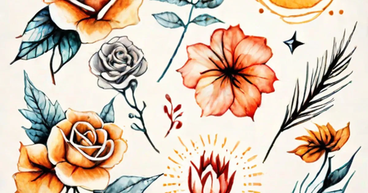 Watercolor flower tattoo designs with roses, hibiscus, leaves, and botanical elements