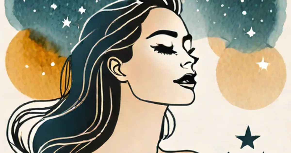 Woman’s profile with bold makeup framed by starry sky and golden and pale moons