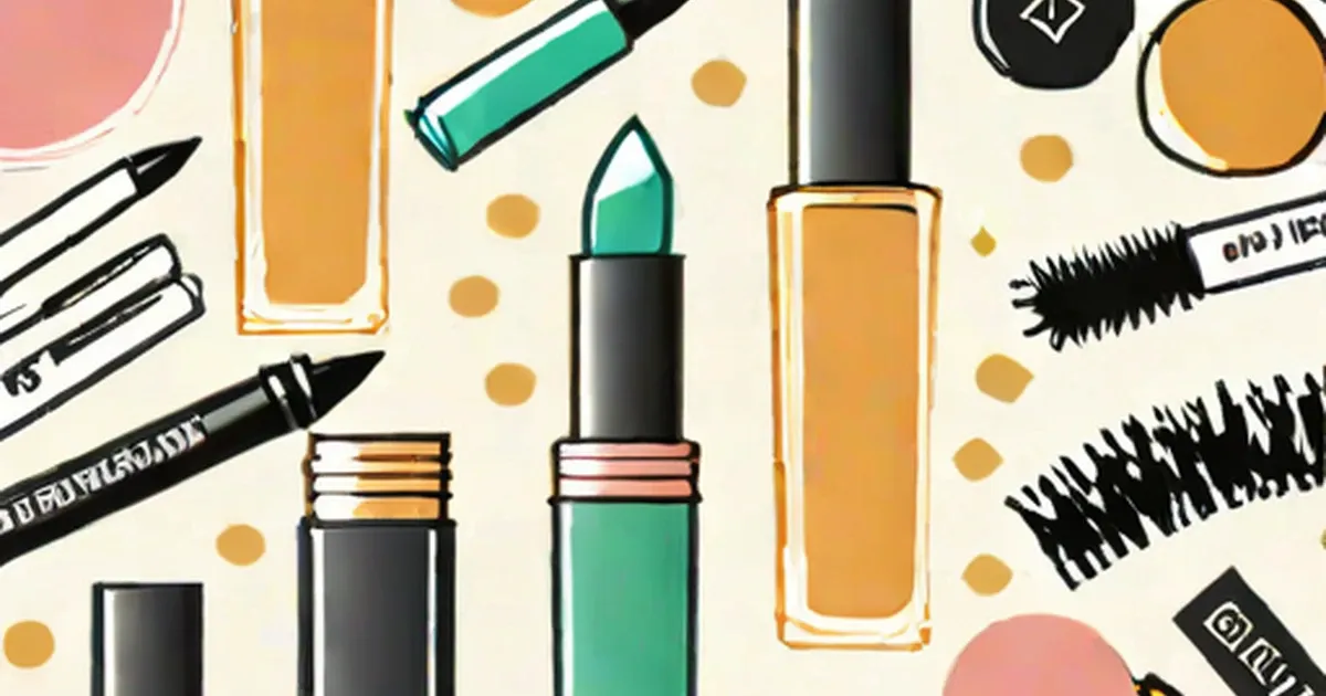 Makeup including lipsticks, mascara, eyeshadow, and nail polish with decorative gold dots