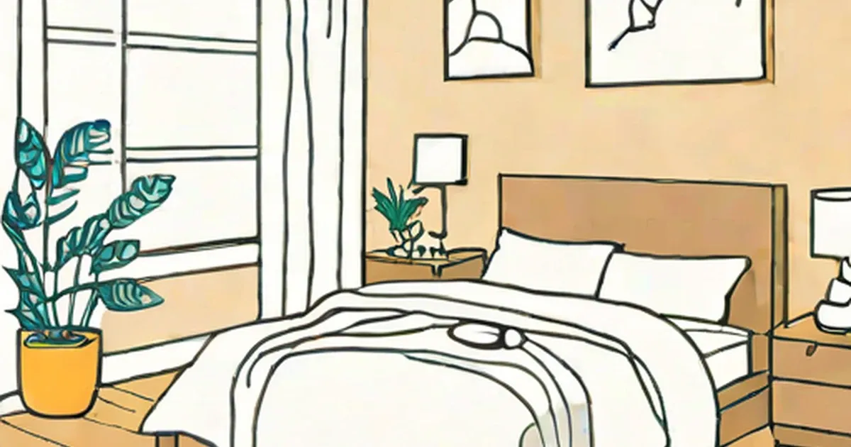 Warm peachy bedroom with wooden bed, plants in pots, and wall sketches