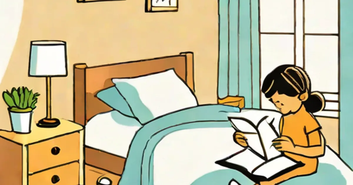 Child reading book while sitting on bed