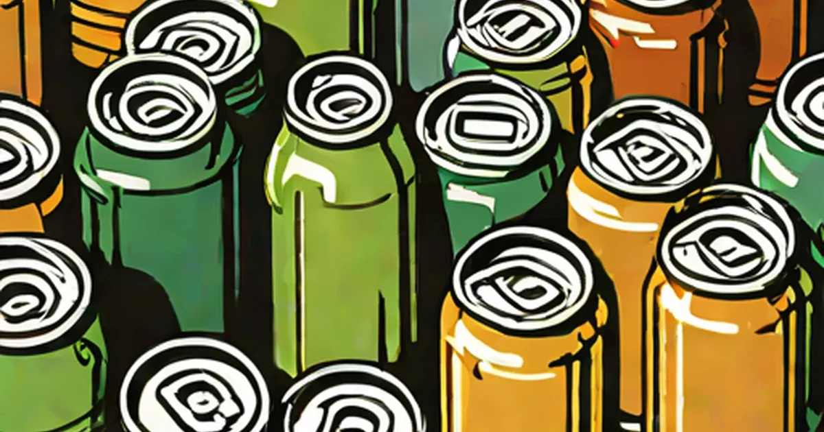 Multiple beer cans in green and gold shades with white pull-tabs