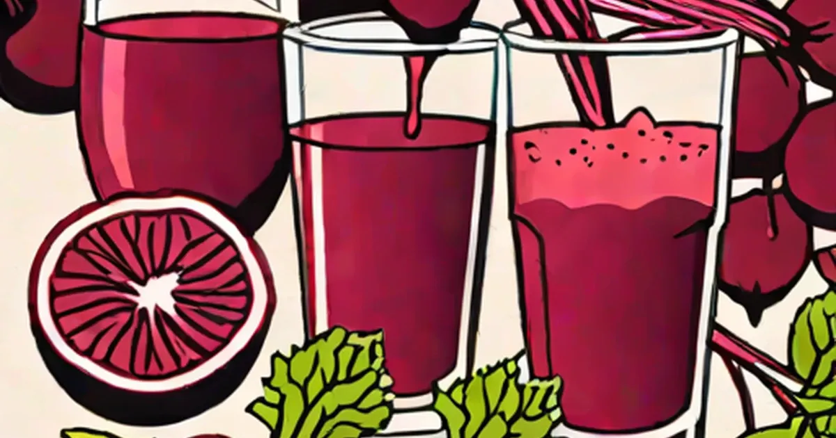 Glasses of dark burgundy beet juice with a sliced beet and green leaves