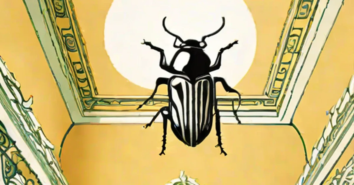 Black beetle with curved horns illustrated on a yellow ornate palace ceiling