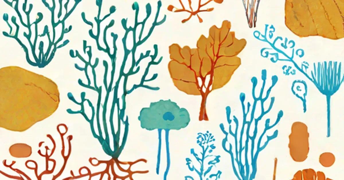Colorful stylized bacteria with branching structures in teal, orange, and red