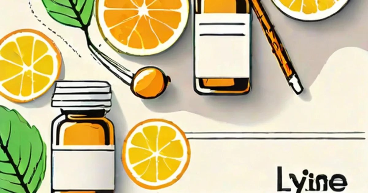 Lysine supplement bottles displayed with citrus slices and green leaves
