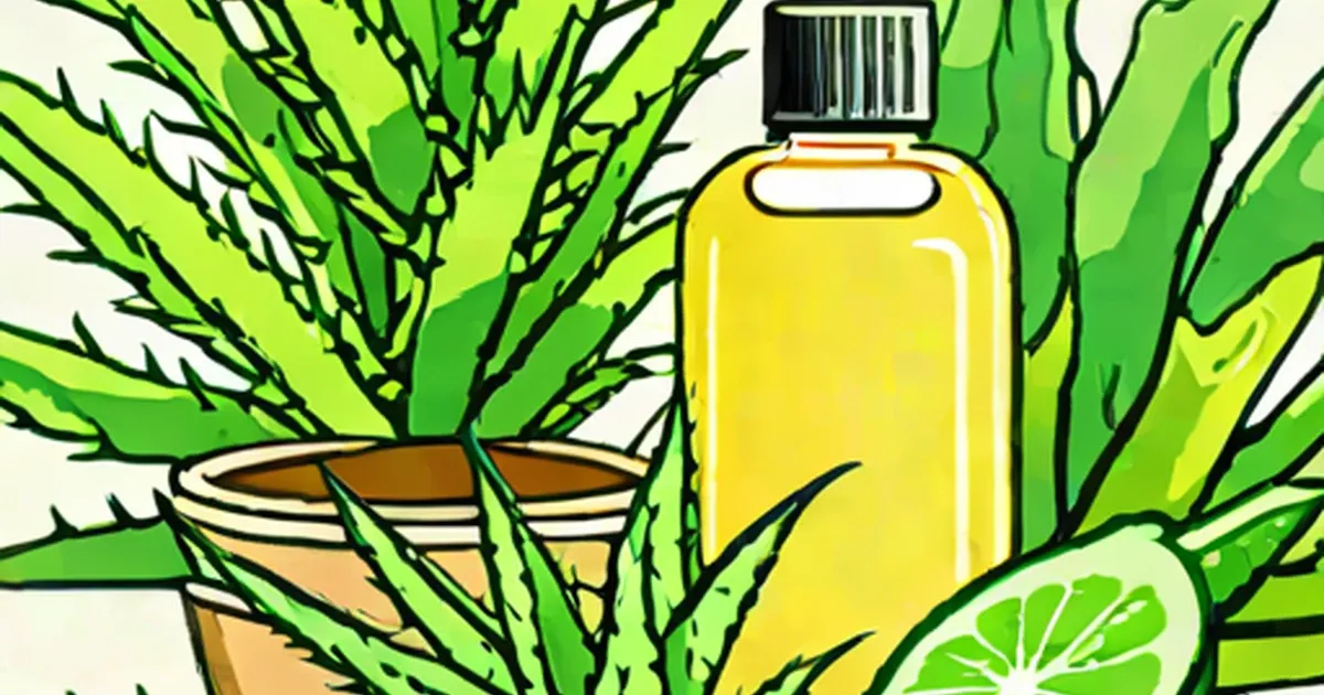 Yellow bottle of aloe gel with potted plant and cross-section leaf