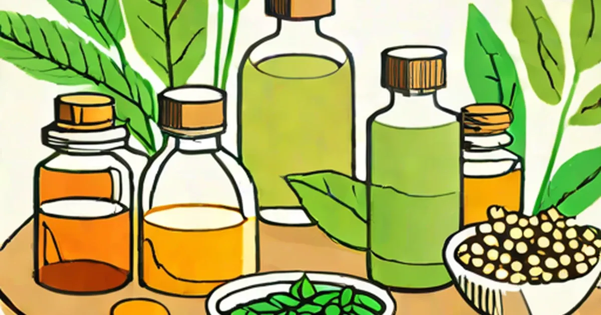 Bottles of herbal oils and remedies surrounded by fresh leaves and plant ingredients