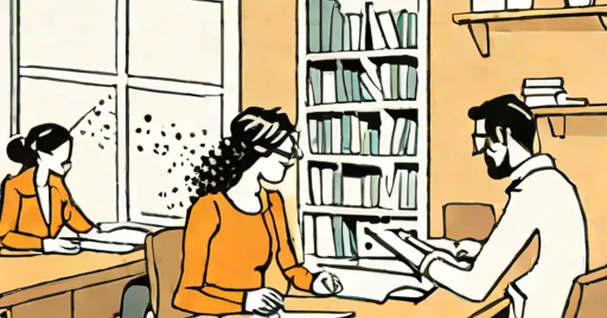 Illustrated woman with language symbols emanating from her head in a bookshelf-lined office