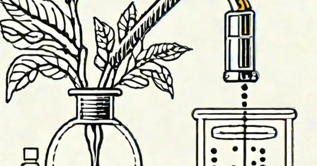 Laboratory flask with plants connected to scientific equipment in line drawing