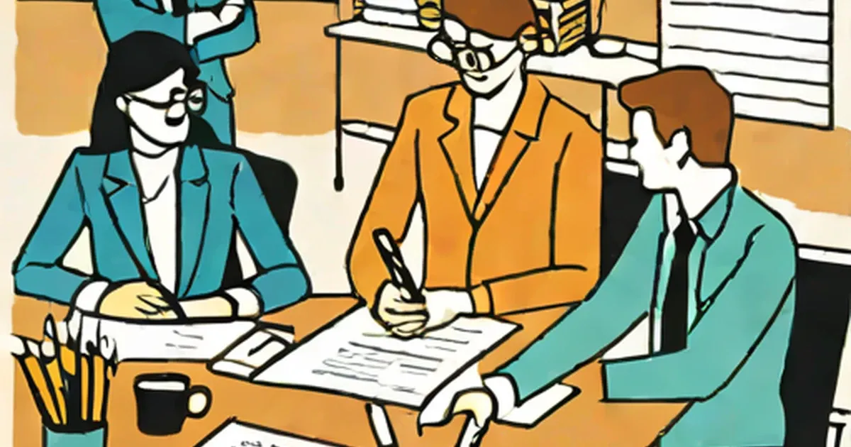 Three business professionals reviewing documents at a desk
