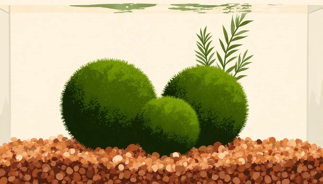 Round, velvety green marimo moss balls clustered on gravel inside an aquarium