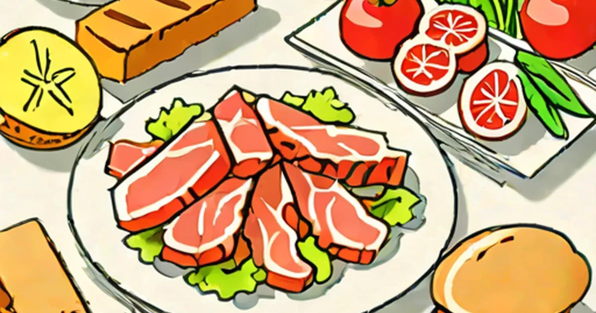 Red meat steaks on a plate surrounded by fresh vegetables and fruits