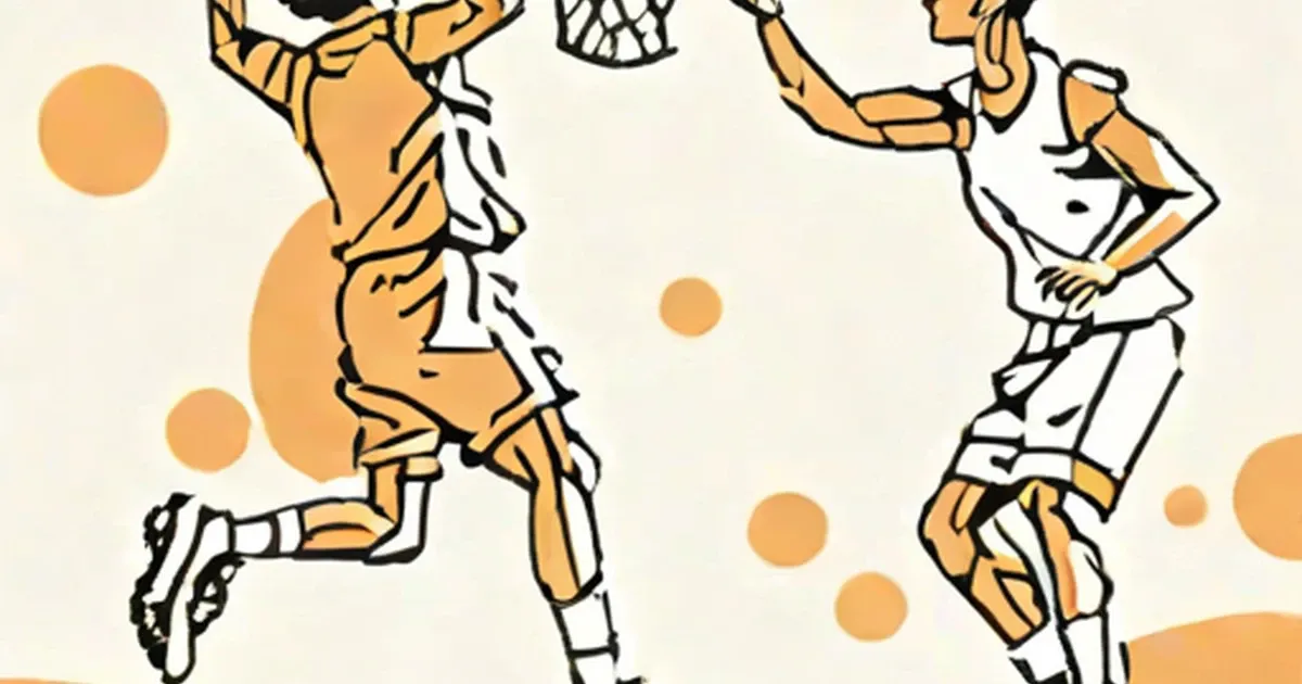 Basketball players jumping toward the hoop