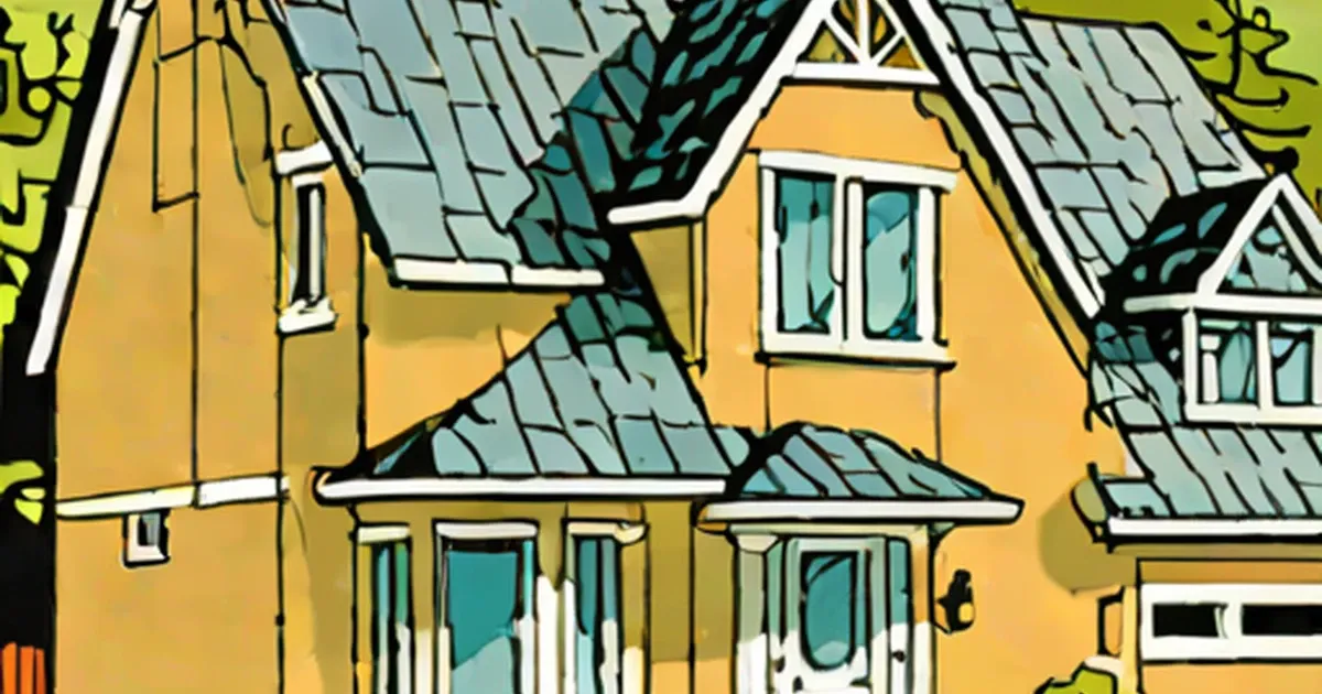 Illustrated house with teal and gray colored roof shingles