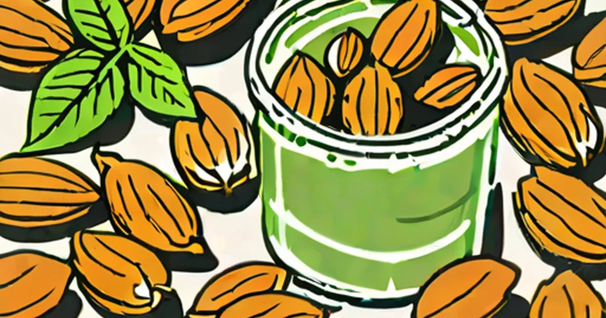Almonds surrounding a green jar of water