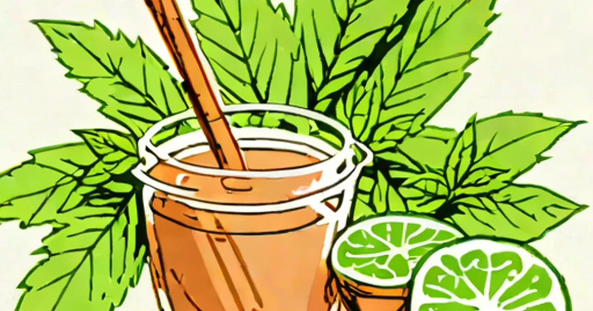 Illustrated glass of tan beverage with stevia leaves and lime slices