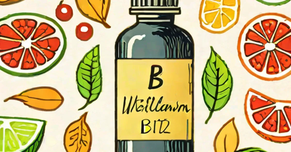 Bottle labeled methylcobalamin B12 surrounded by grapefruit, citrus slices, and green leaves