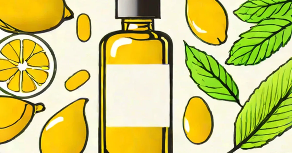 Glass dropper bottle of yellow oil surrounded by lemons and green leaves