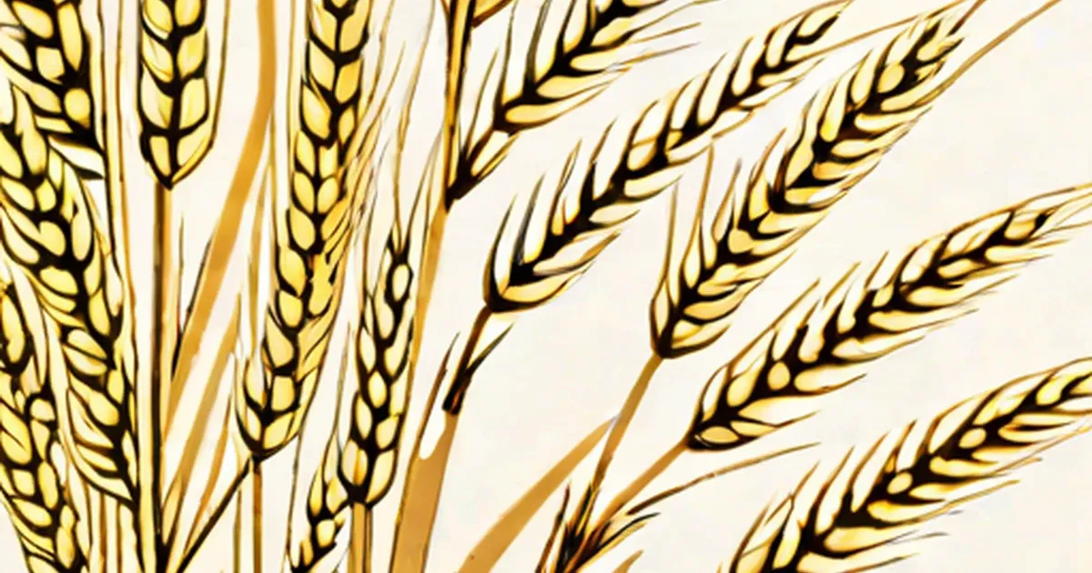 Illustrated wheat grain heads with detailed seeds in gold and brown tones