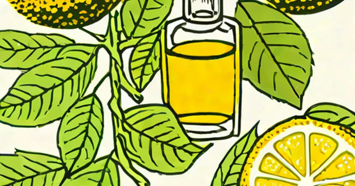 Bottle of yellow bergamot oil surrounded by fresh citrus and green leaves