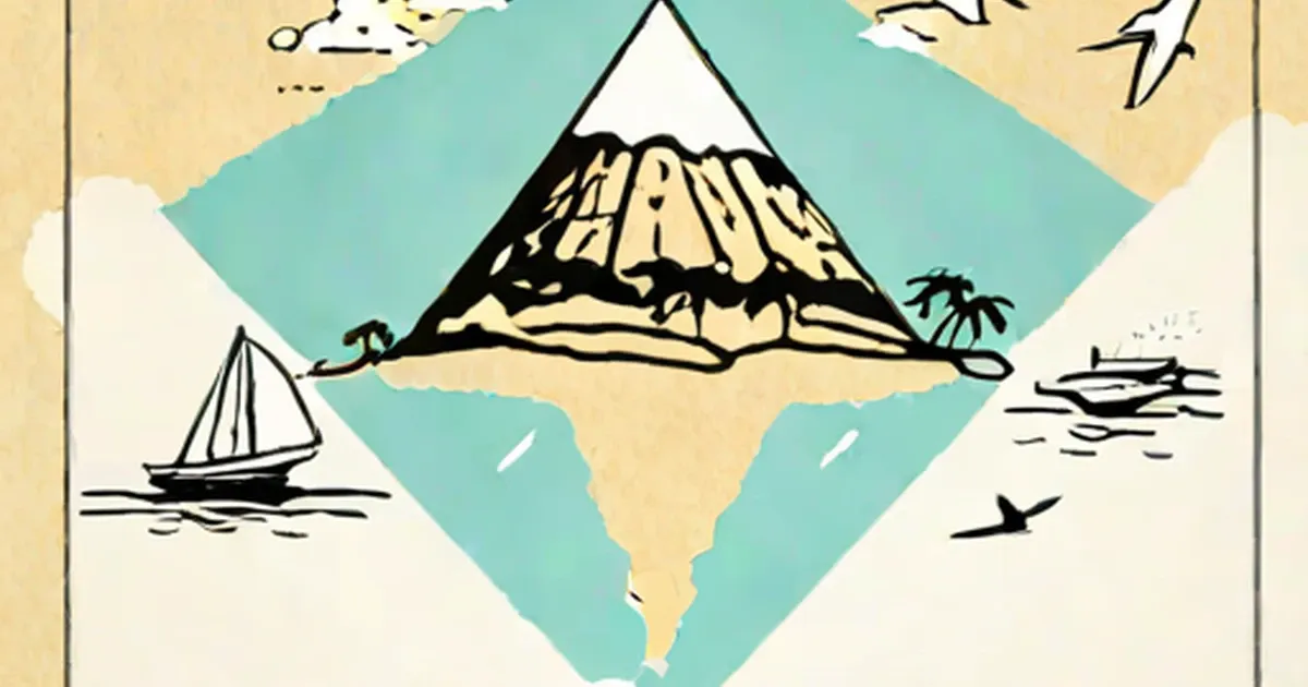 Stylized map of the Bermuda Triangle with sailboat, speedboat, airplane, and island with volcano