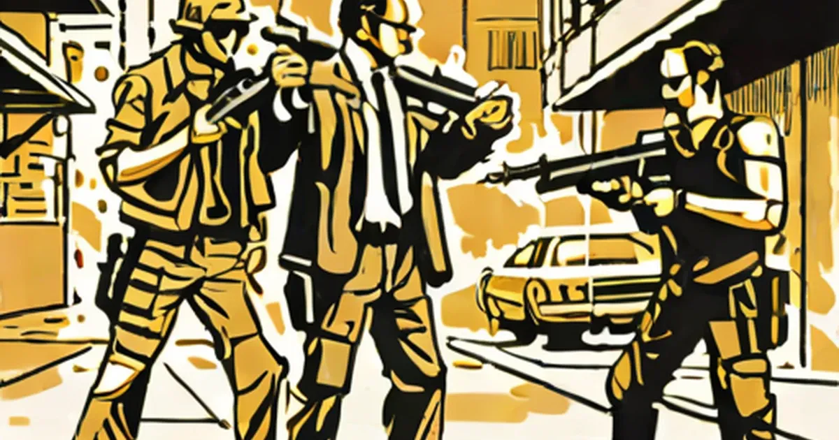 Armed soldiers in tactical gear exchange gunfire in an urban street