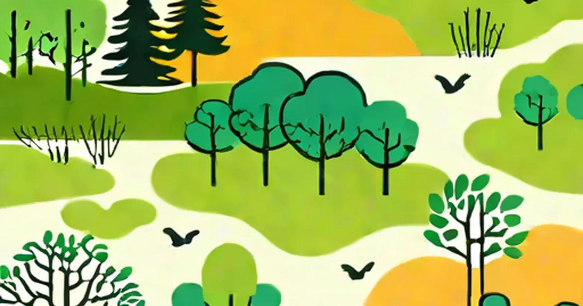 Illustrated forest landscape with varied trees, birds, and rolling green terrain