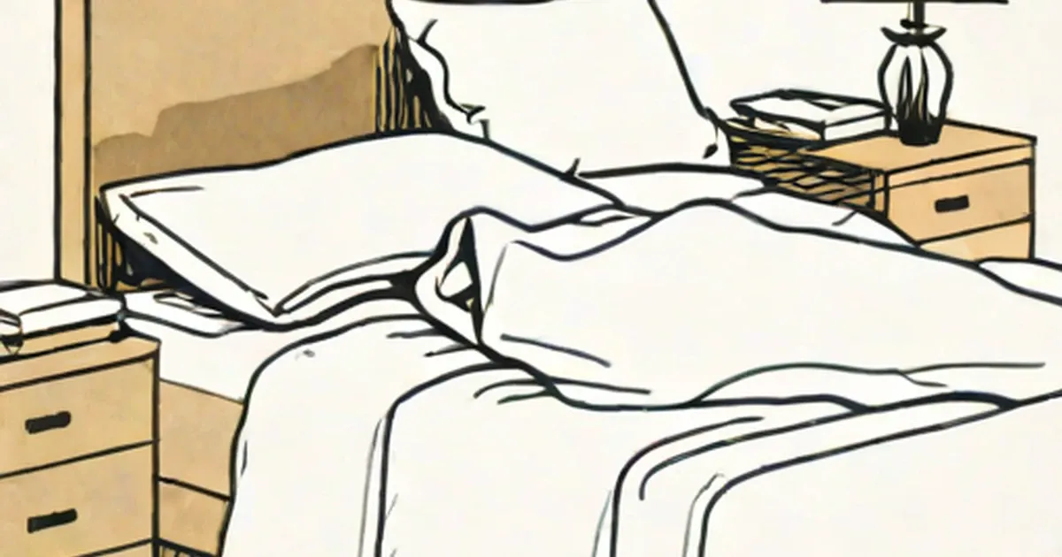 Illustration of a person lying on a bed with white pillows and bedding