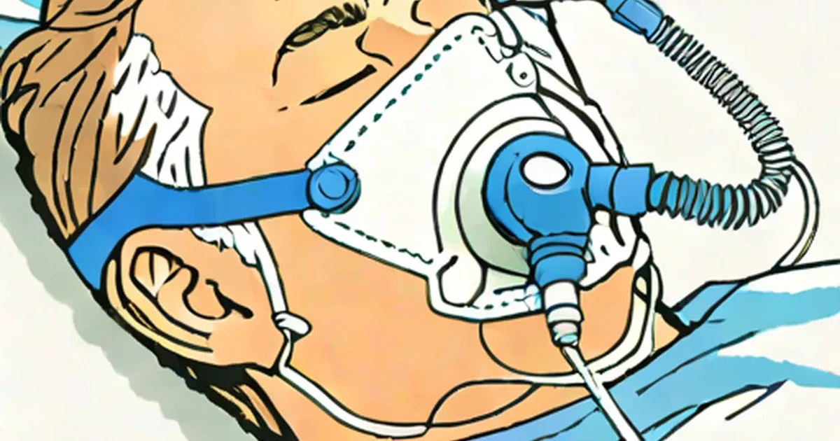 Illustration of person wearing blue CPAP mask and tubing