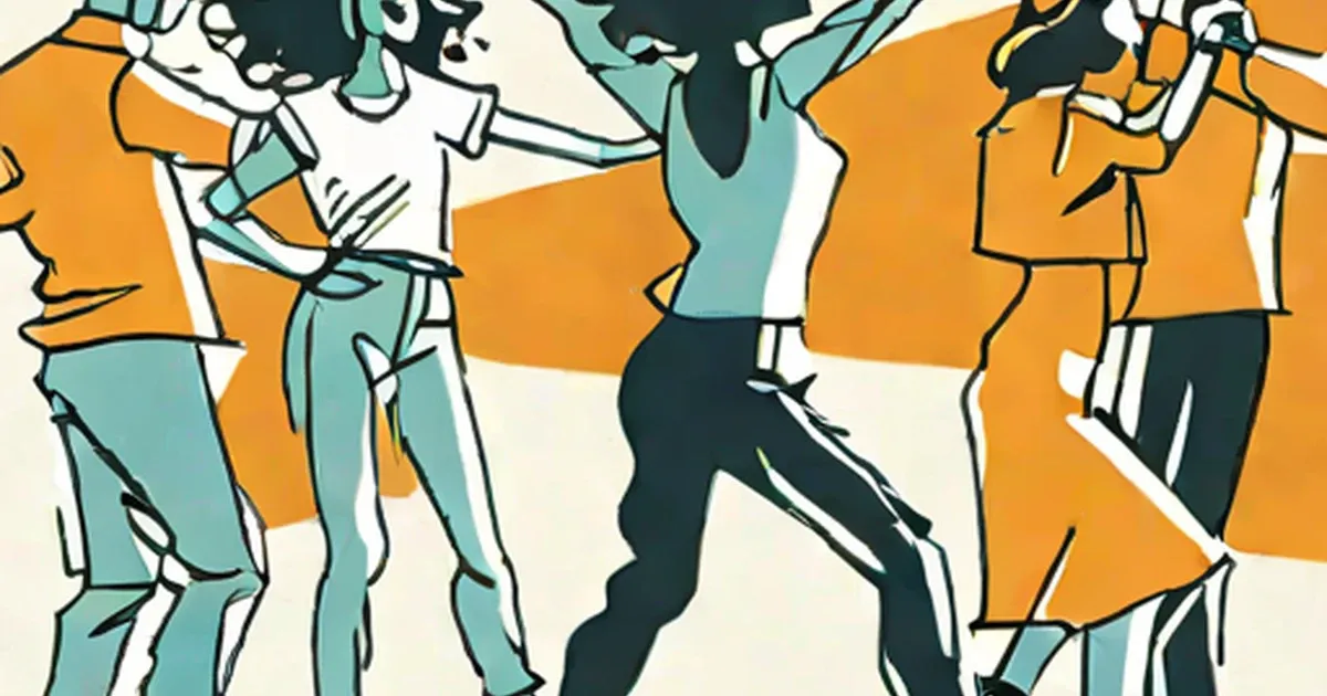 Stylized line drawing of multiple people dancing together in orange and teal tones
