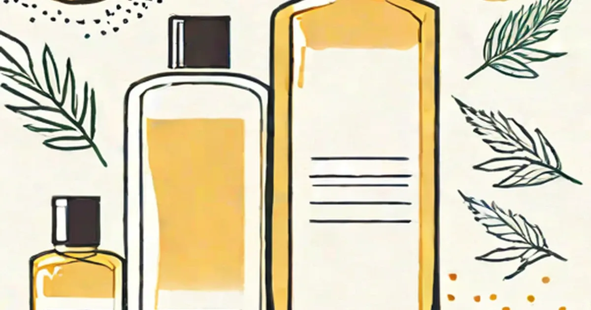 Illustrated shampoo bottles with botanical leaf elements