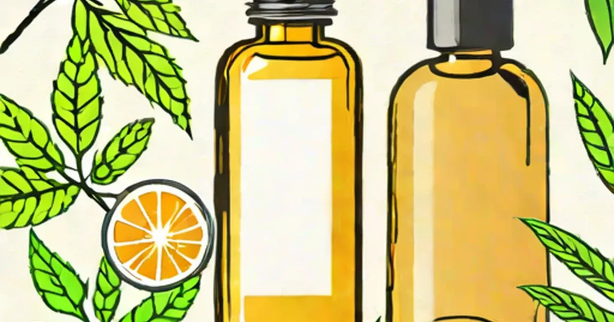 Two amber bottles of essential oil surrounded by green leaves and an orange slice