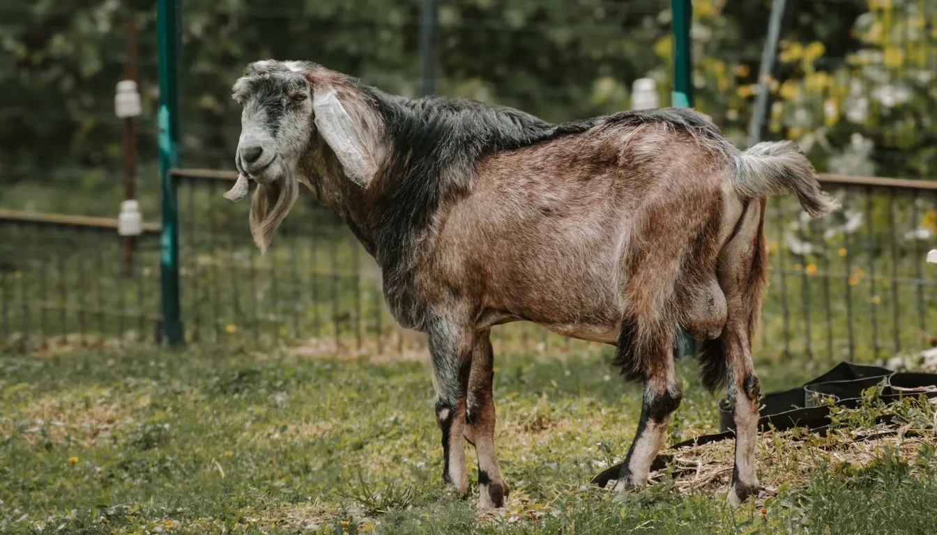 A goat standing in a fenced yard