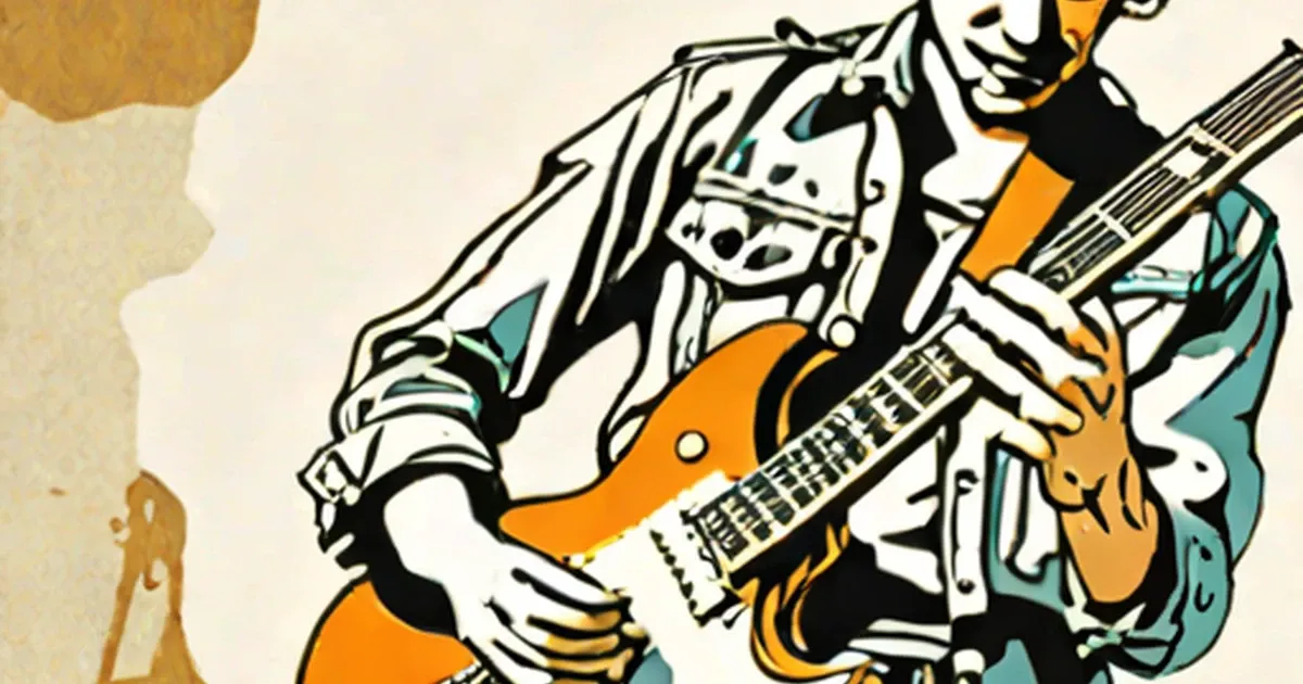 Graphic illustration of a guitarist in a leather jacket with an orange electric guitar