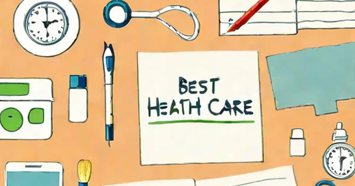Healthcare supplies and office items arranged around a centered notepad labeled Best Health Care