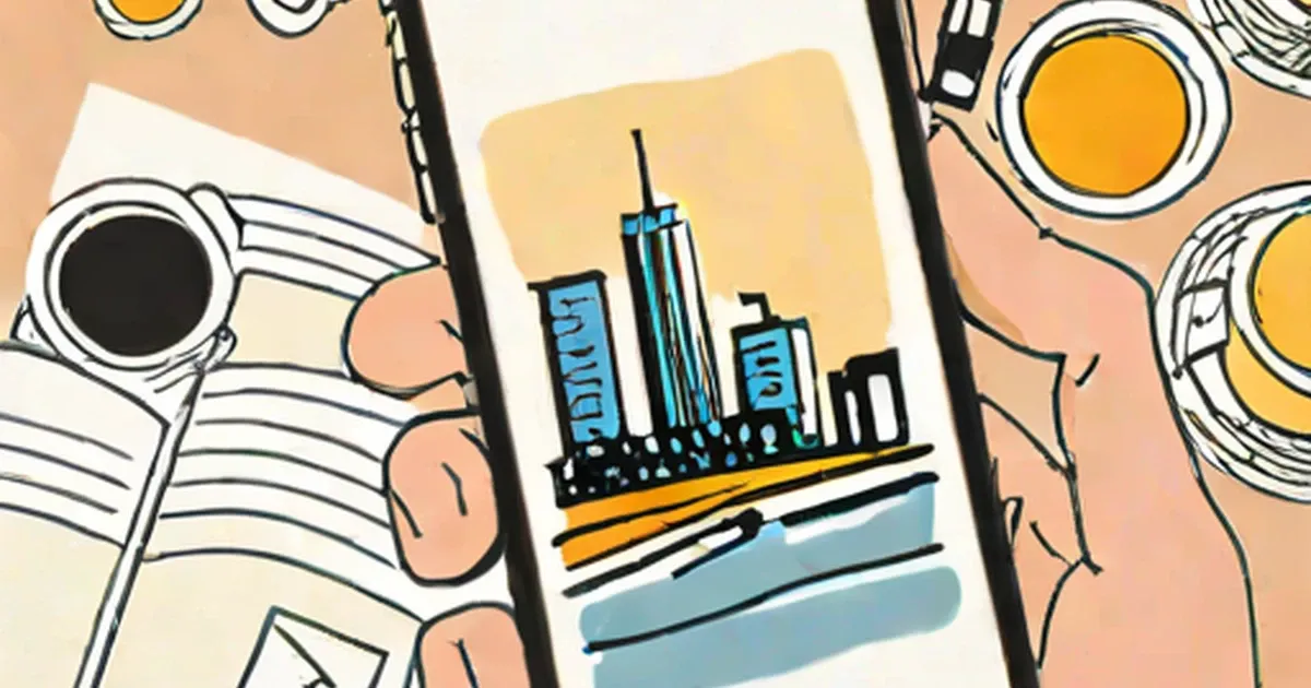 Hand holding smartphone displaying an illustrated cityscape on its screen